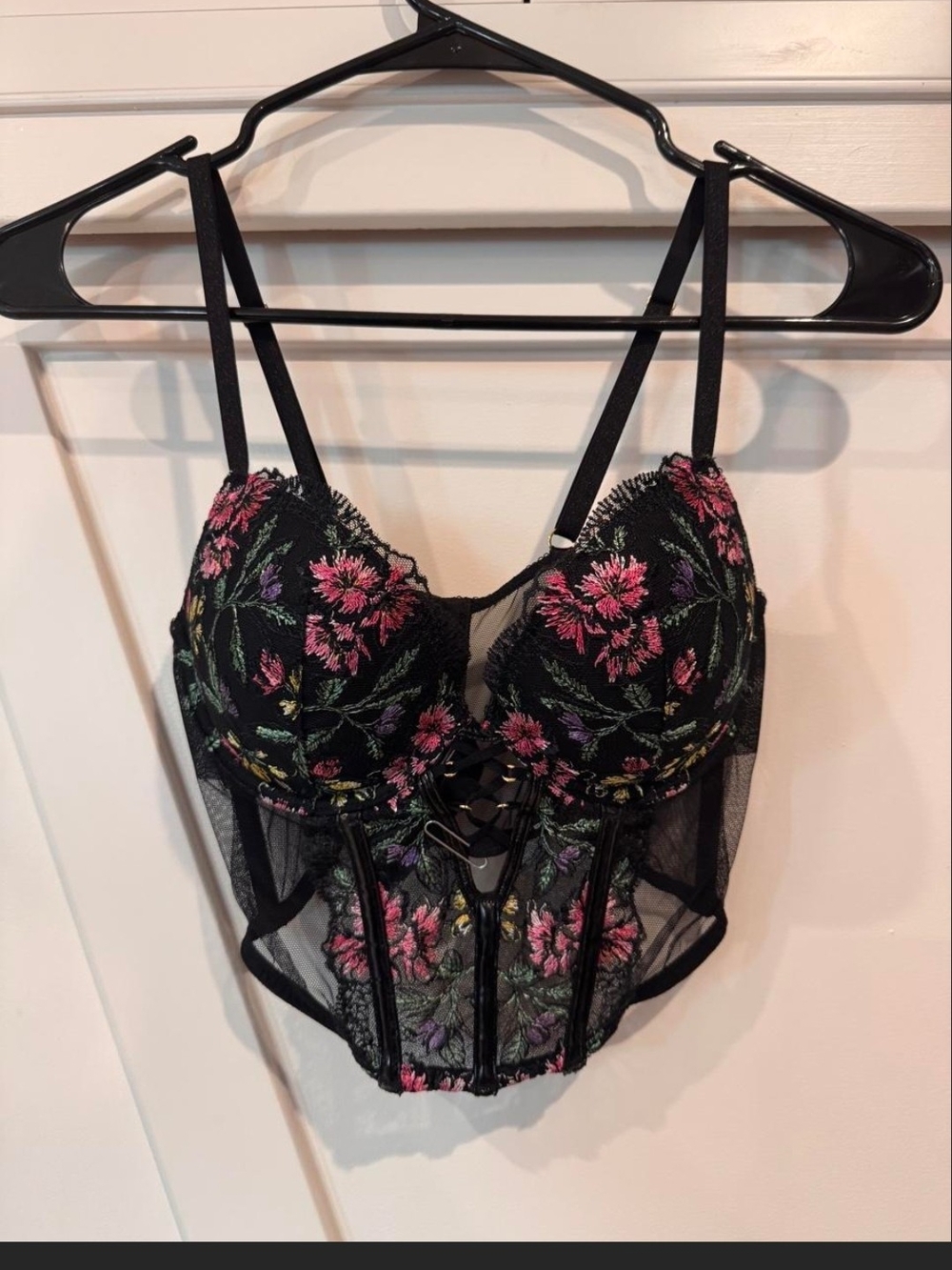 Victoria's Secret Black Bustier with Pink & Green Floral Embroidery Push Up